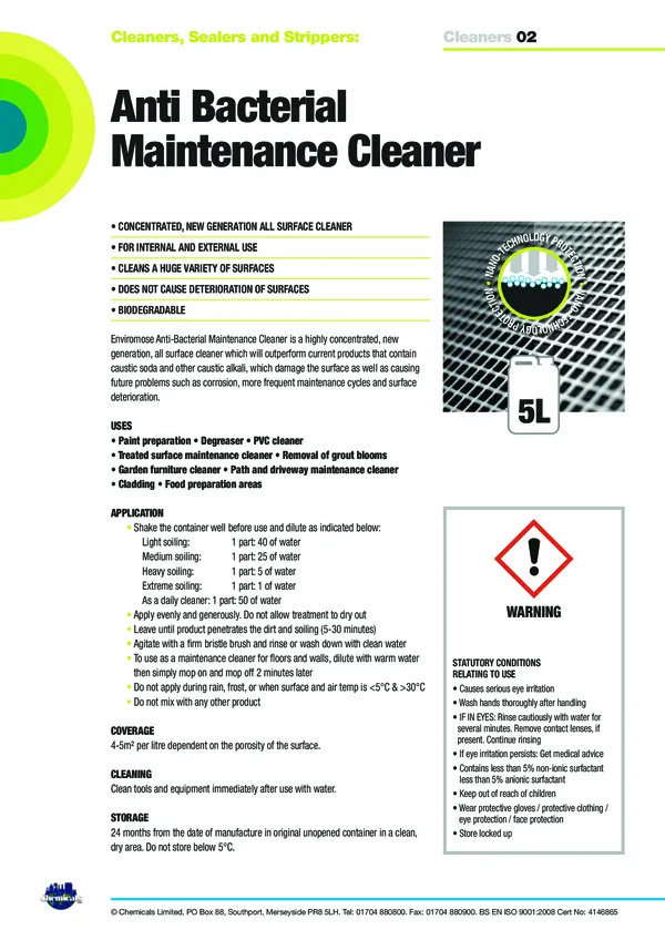 Anti Bacterial Maintenance Cleaner Datasheet PDF 